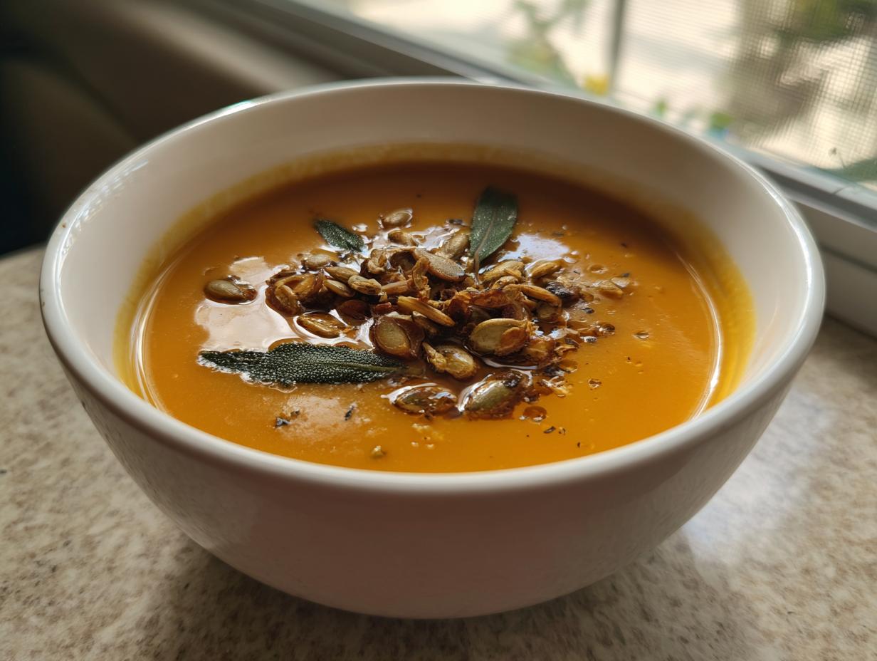 A close-up of creamy roasted butternut squash soup in a white bowl, topped with toasted pumpkin seeds and sage leaves.