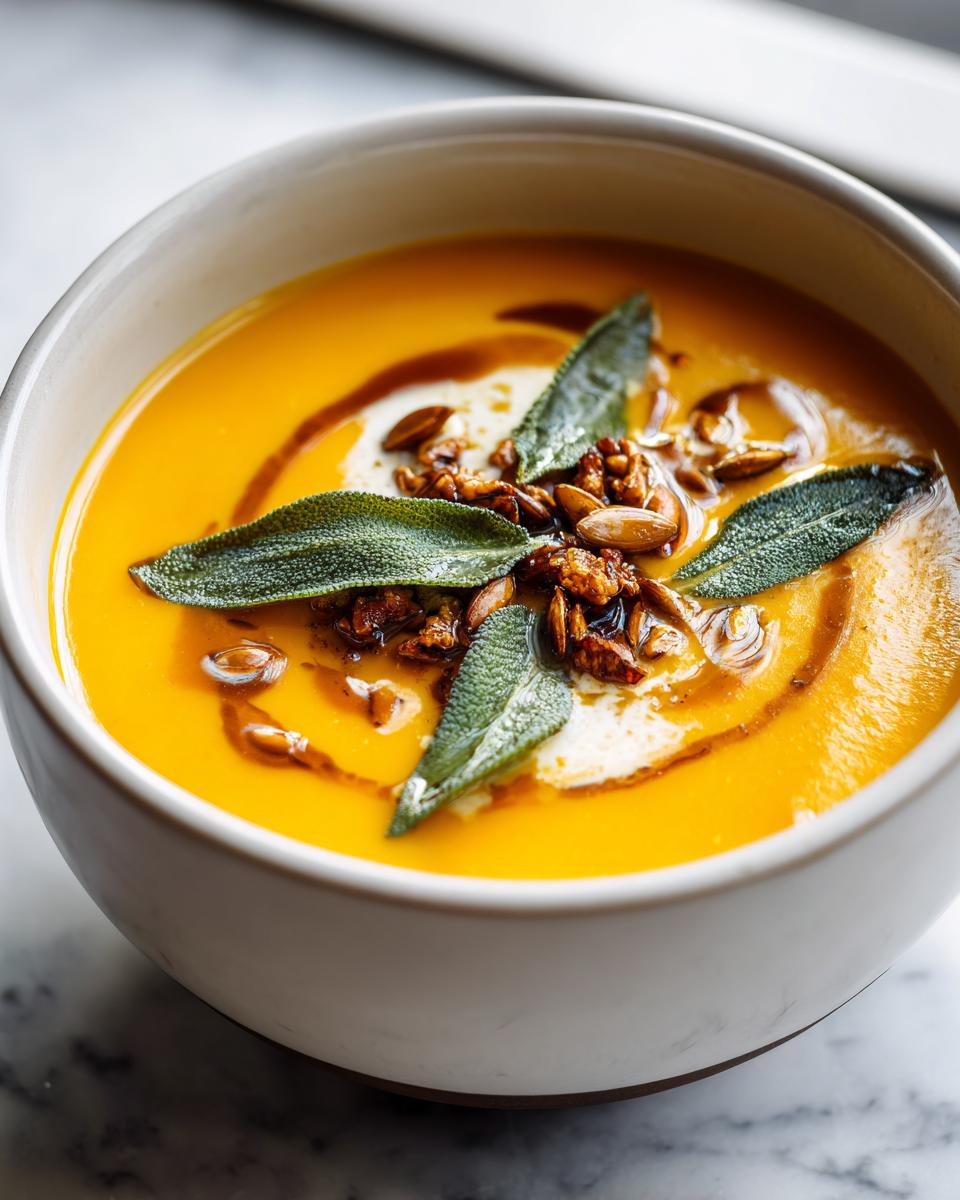 Close-up of vibrant orange roasted butternut squash soup topped with sage leaves, seeds, and a swirl of cream.
