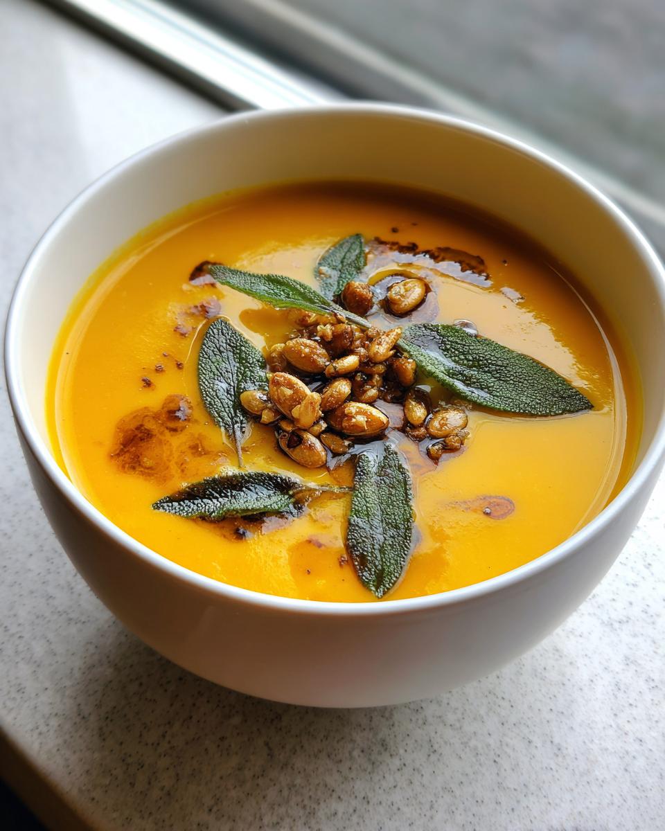 A bright orange bowl of roasted butternut squash soup garnished with sage leaves and toasted seeds.