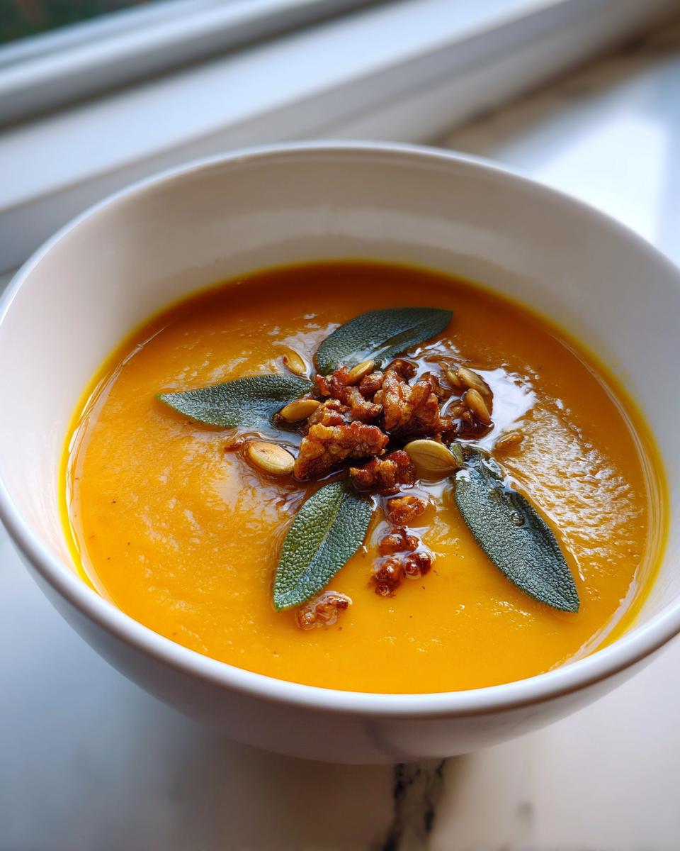 A close-up of vibrant orange roasted butternut squash soup garnished with sage leaves and toasted seeds.