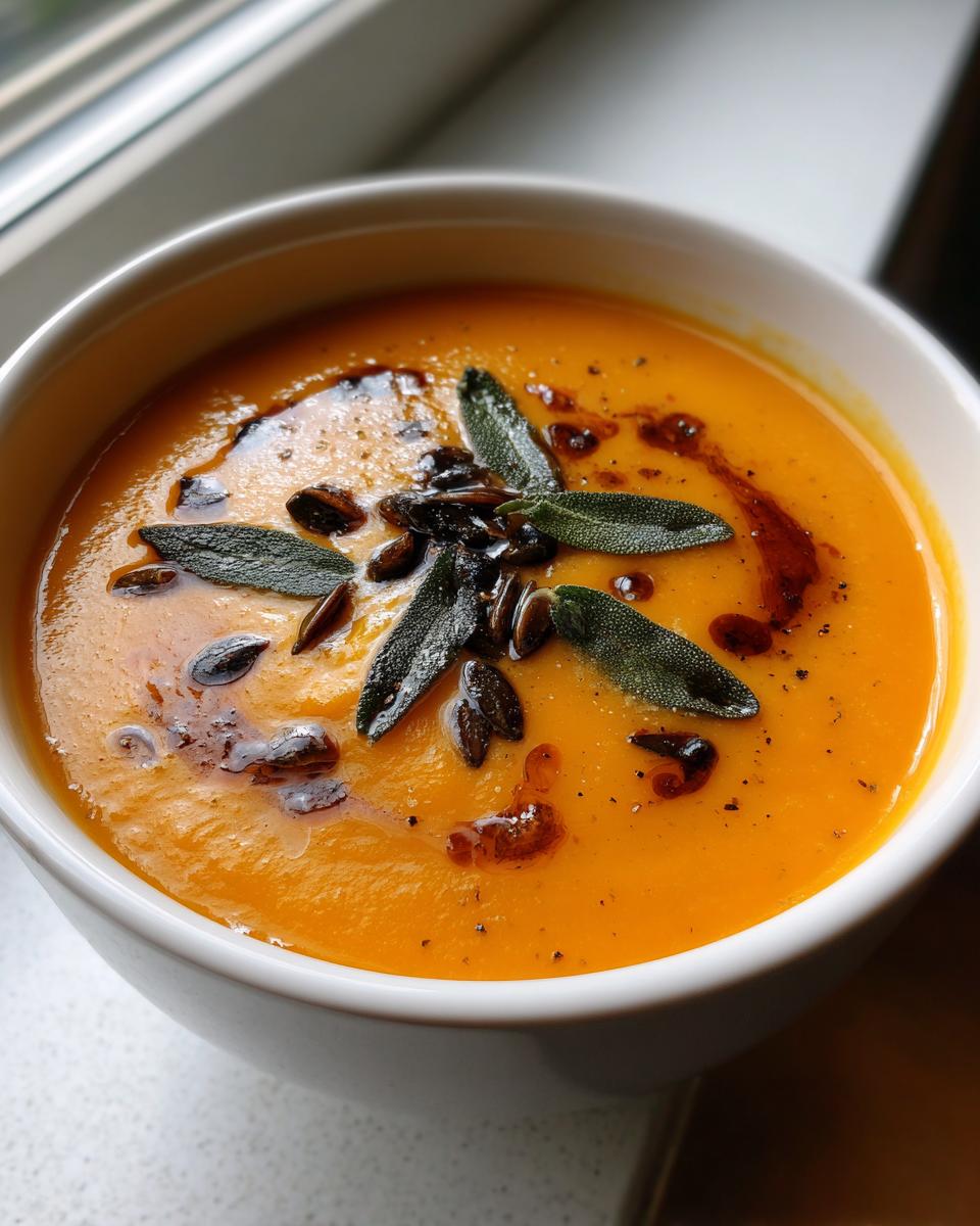 Close-up of a bowl of vibrant orange roasted butternut squash soup topped with crispy sage leaves and pumpkin seeds.