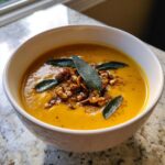 A close-up of creamy roasted butternut squash soup topped with toasted walnuts and fresh sage leaves.