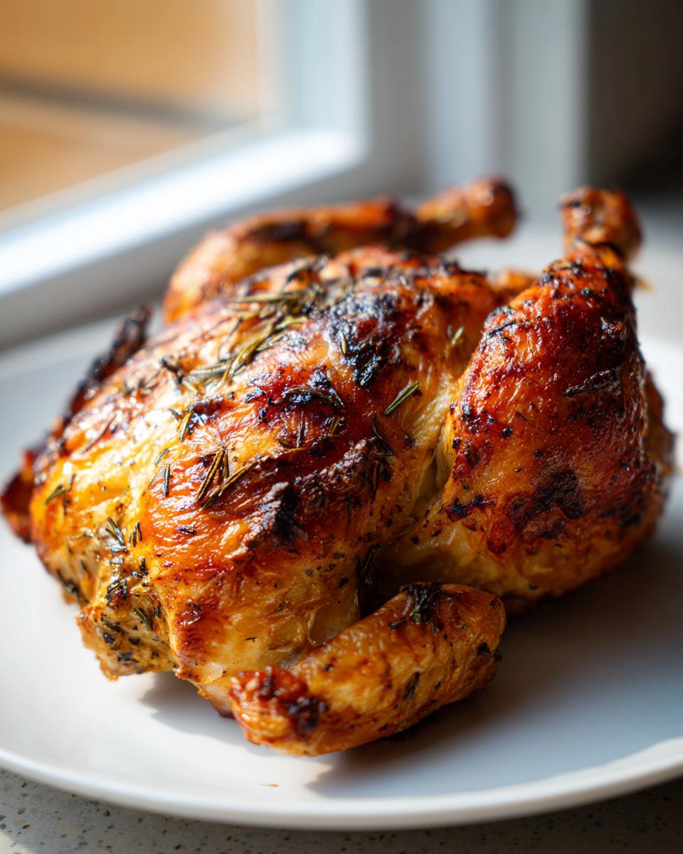 A perfectly roasted spatchcock chicken with golden, crispy skin seasoned with herbs, resting on a white plate.