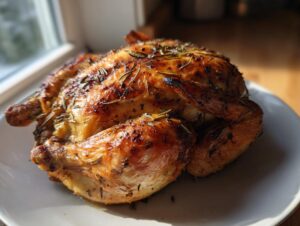 A whole, beautifully browned and crispy roasted spatchcock chicken seasoned with rosemary, resting on a white plate.