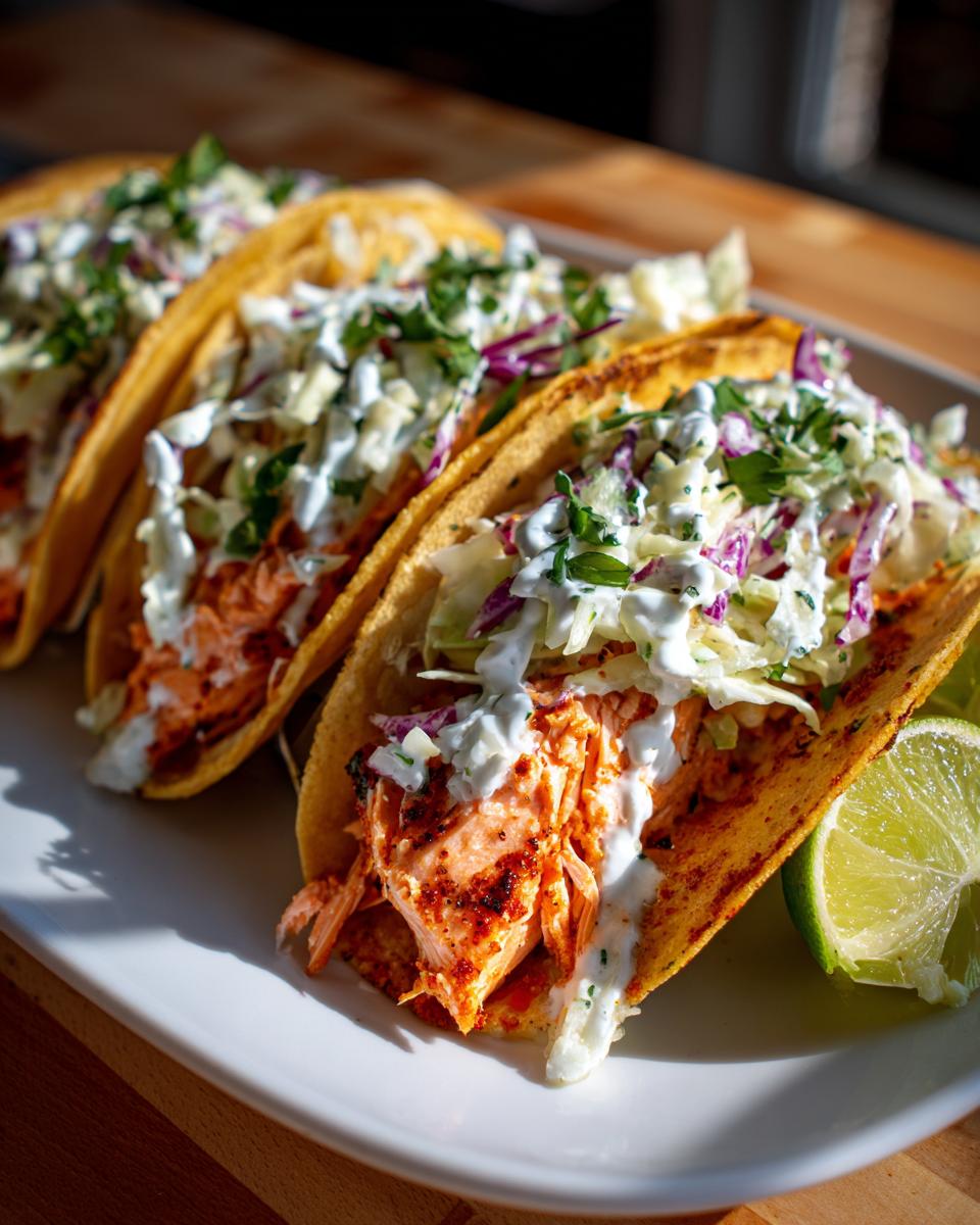 Three delicious salmon tacos filled with flaky seasoned salmon, creamy sauce, and slaw, served with a lime wedge.