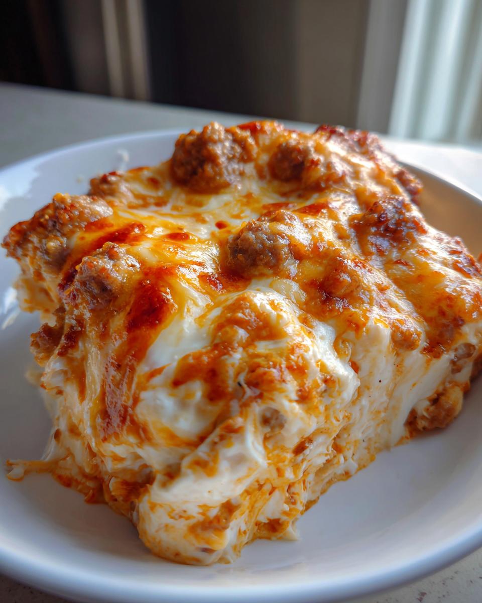 Close-up of a scoop of hot sausage cream cheese dip, showing melted, browned cheese and sausage crumbles on top of a creamy base.