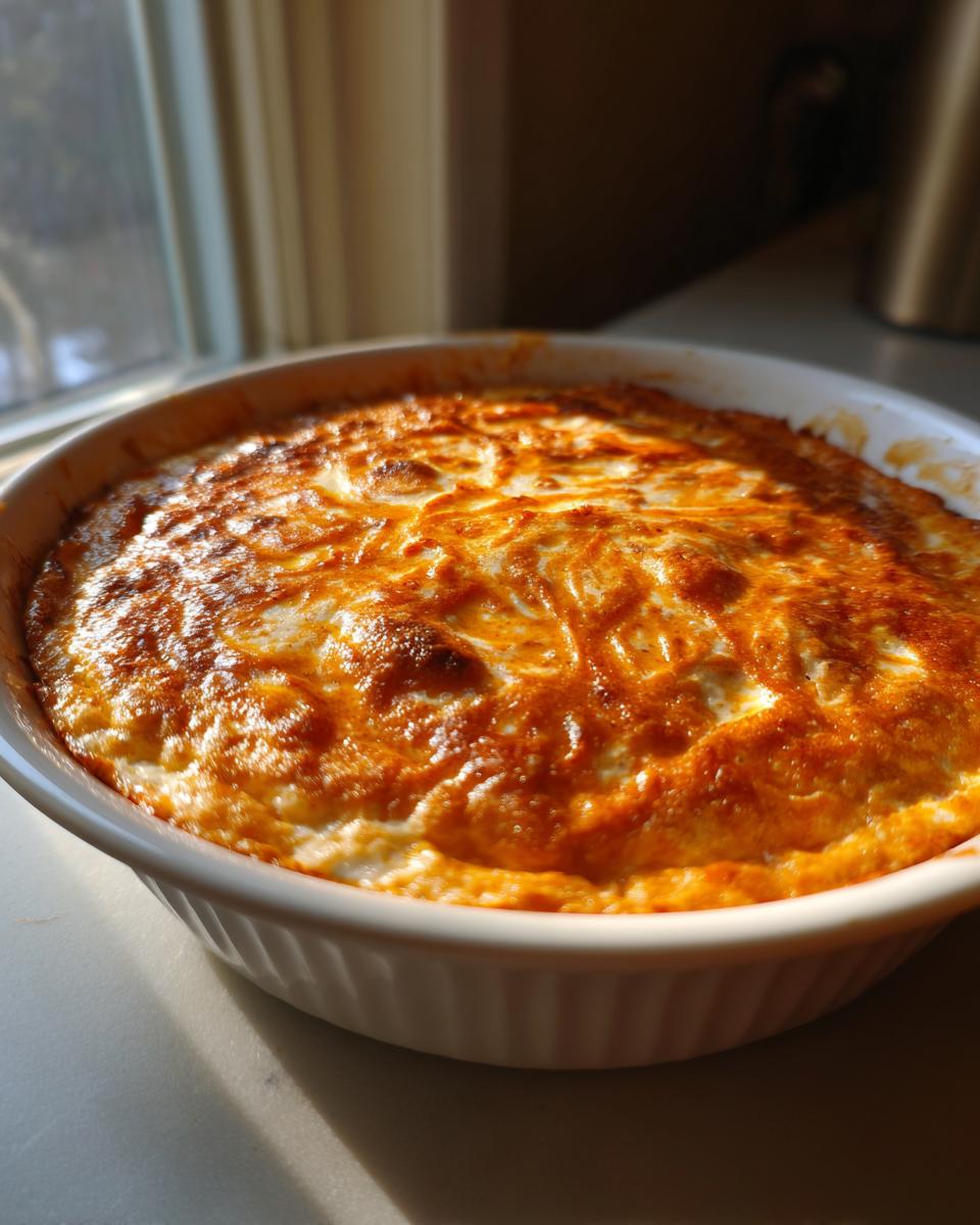 Close-up of a freshly baked sausage cream cheese dip with a golden-brown, bubbly top in a white ceramic dish.