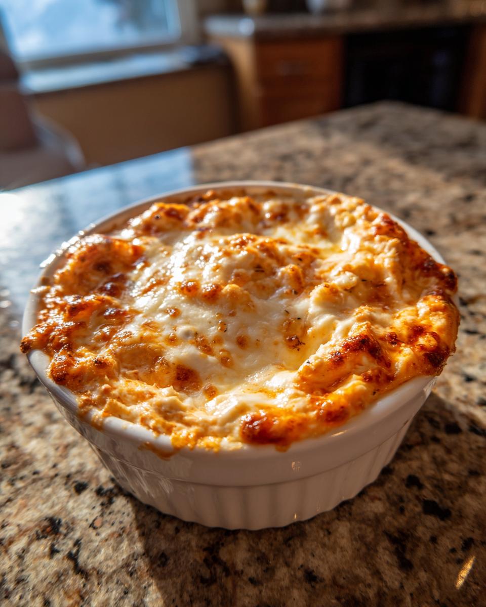 Close-up of a hot sausage cream cheese dip baked in a white ramekin with a bubbly, browned cheese topping.
