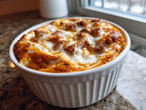 Close-up of a baked sausage cream cheese dip bubbling with melted cheese in a white ramekin.