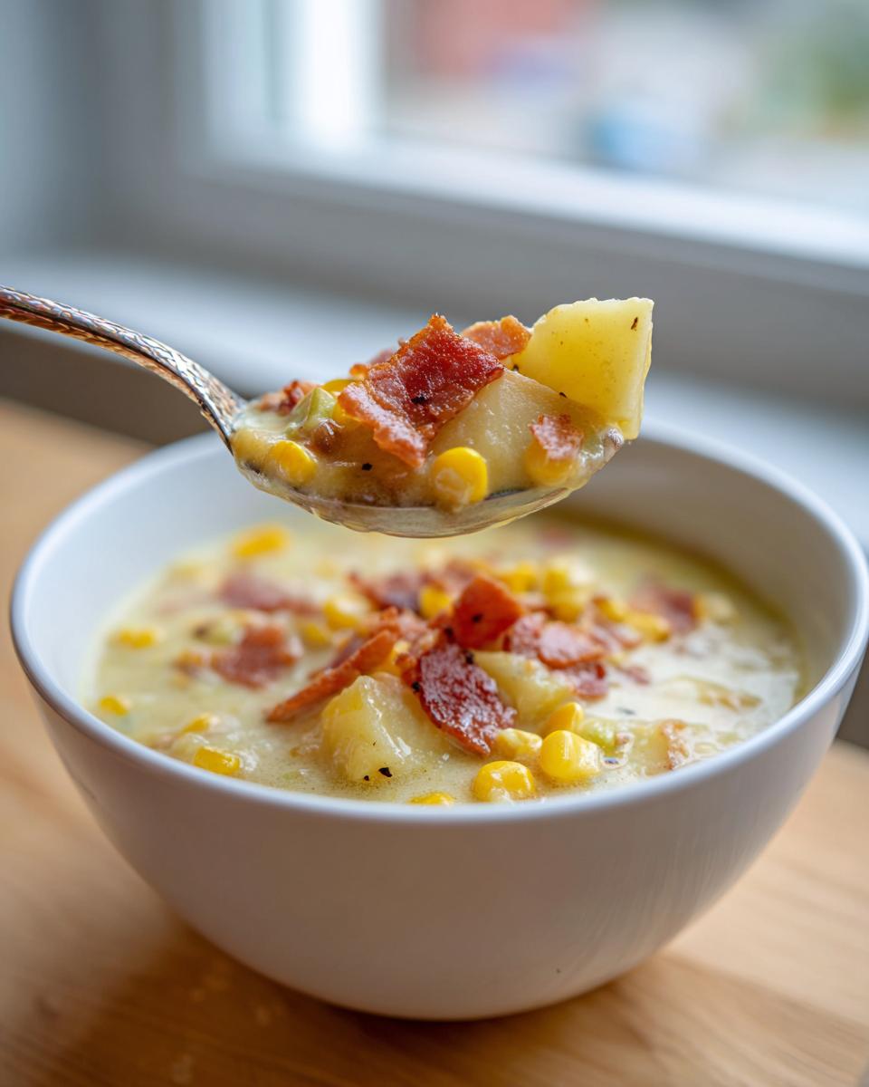 A spoonful of creamy corn chowder recipe lifted from a white bowl, showing corn, potatoes, and crispy bacon.