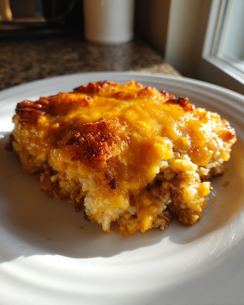A close-up serving of cheesy tater tot casserole on a white plate, showing a browned, melted cheese topping.