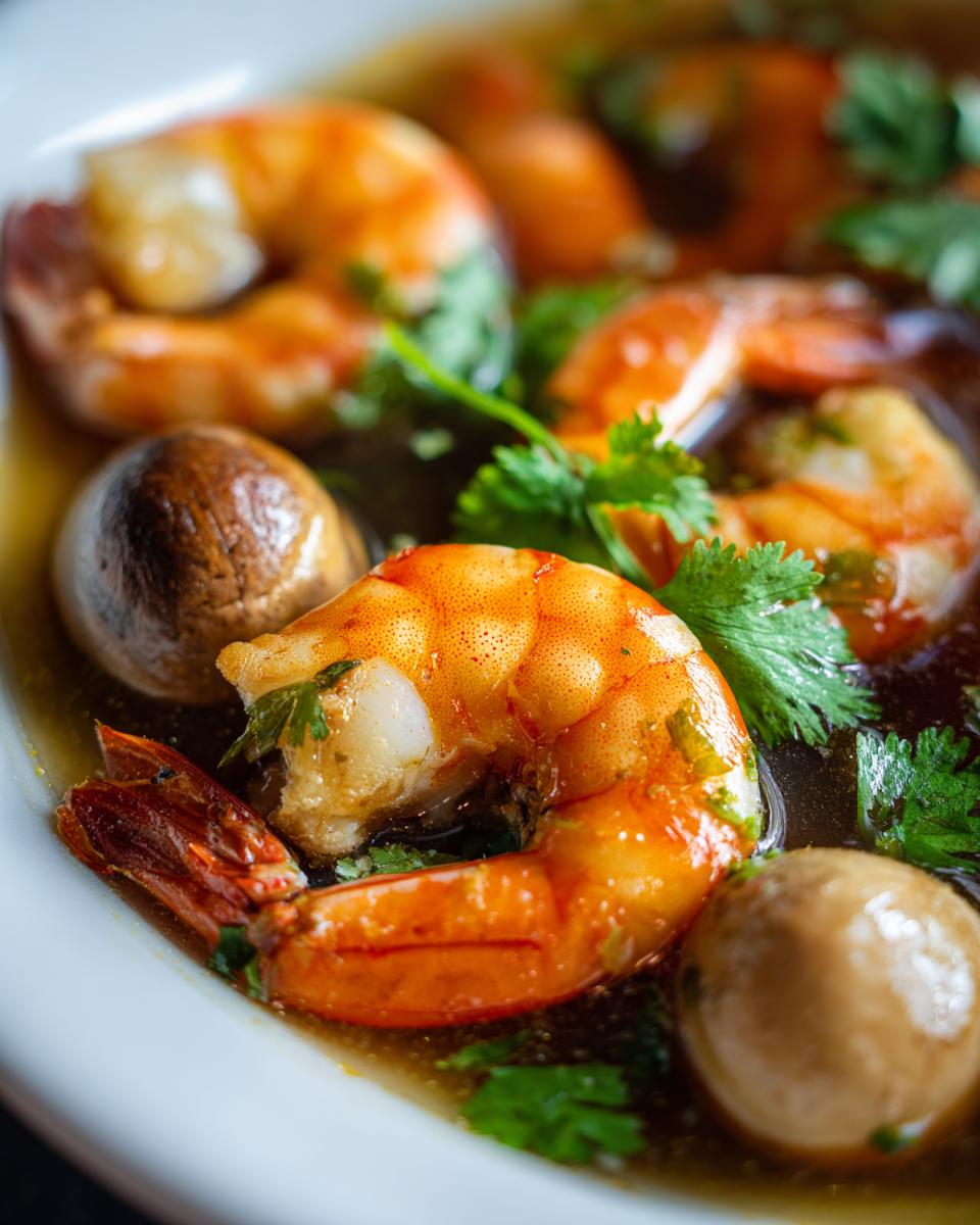 Close-up of plump, cooked shrimp and mushrooms submerged in the broth of authentic tom yum soup, garnished with cilantro.
