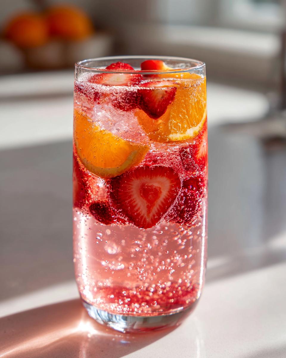A tall glass filled with bubbly pink champagne punch, loaded with sliced strawberries and orange wedges.
