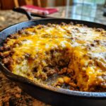 A close-up of Cheesy Taco Potatoes baked in a cast iron skillet, showing a layer of seasoned ground beef and melted cheddar cheese.