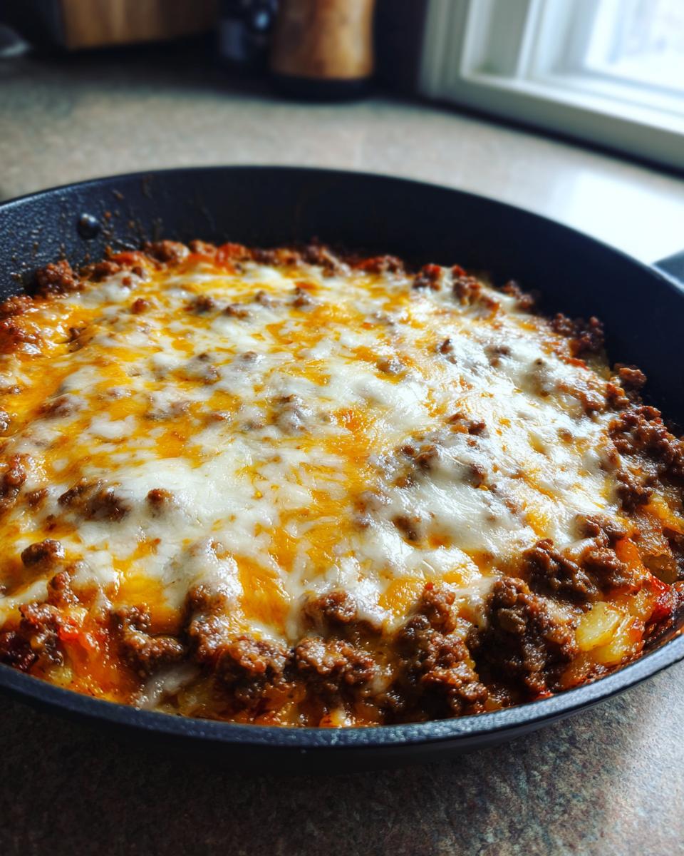 Close-up of Cheesy Taco Potatoes topped with melted white and orange cheese over seasoned ground beef in a black skillet.