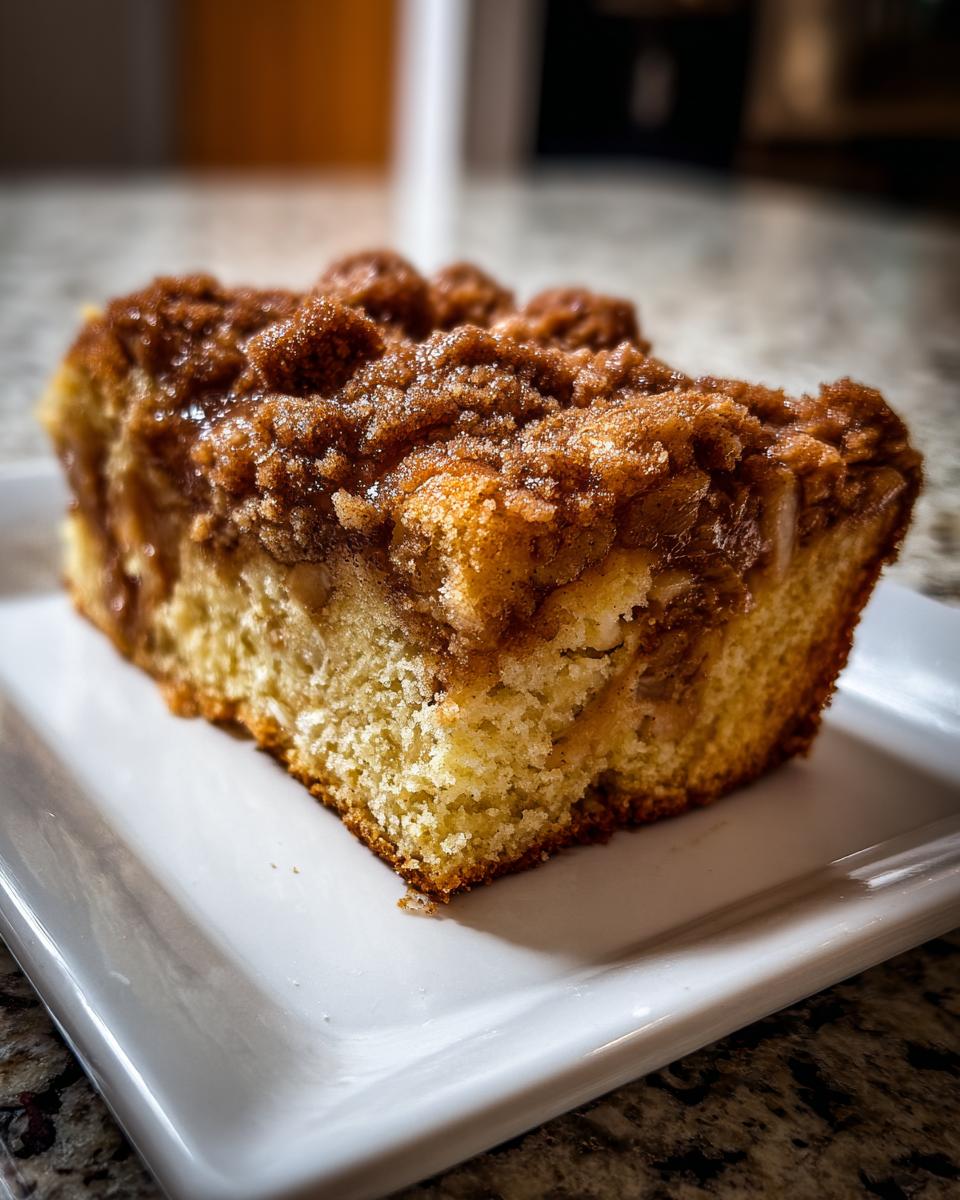 Close-up of a moist slice of apple crumb cake featuring a thick, sugary cinnamon crumb topping.