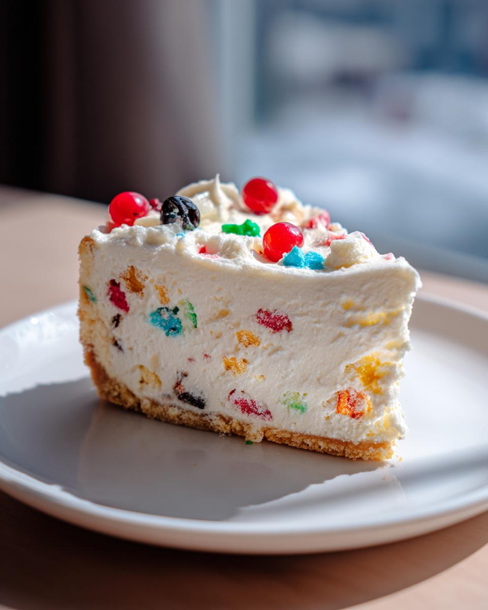 A close-up slice of creamy Christmas tree cheesecake studded with colorful candies, topped with red berries.