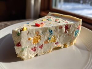 A thick slice of creamy christmas tree cheesecake studded with colorful candy pieces, sitting on a white plate.