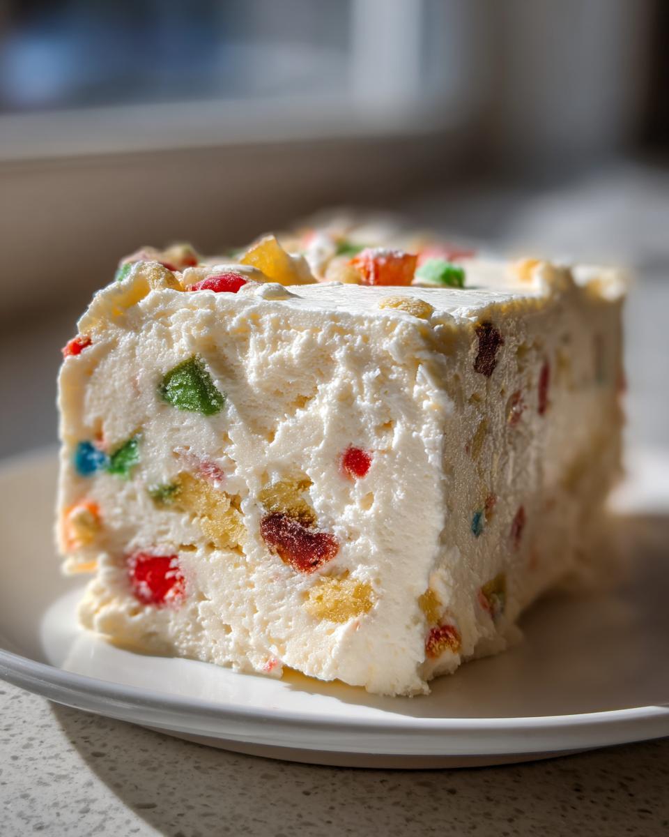 Close-up of a slice of creamy christmas tree cheesecake studded with colorful candied fruit pieces.