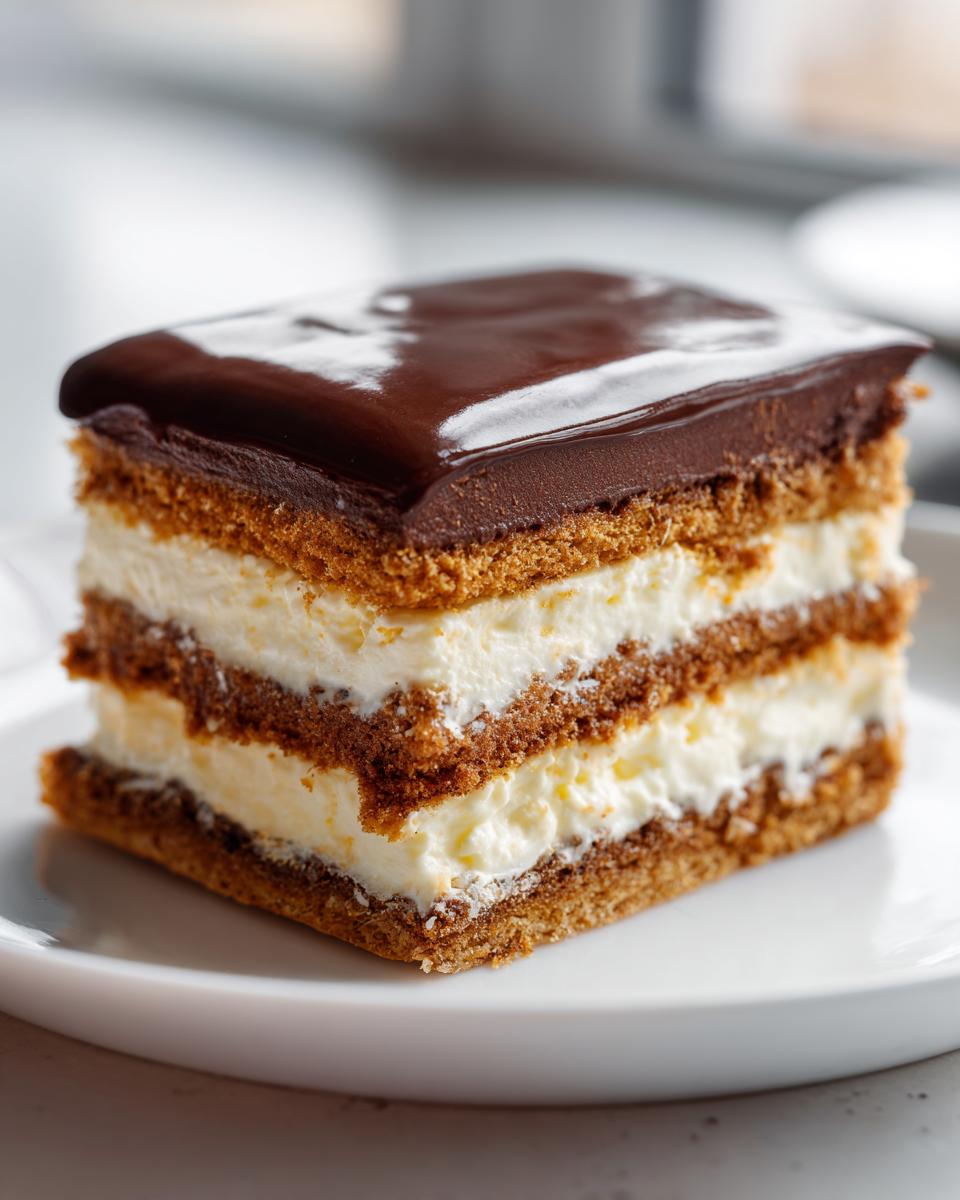 Close-up of a square slice of eclair cake showing layers of light pastry, creamy filling, and a rich chocolate glaze.