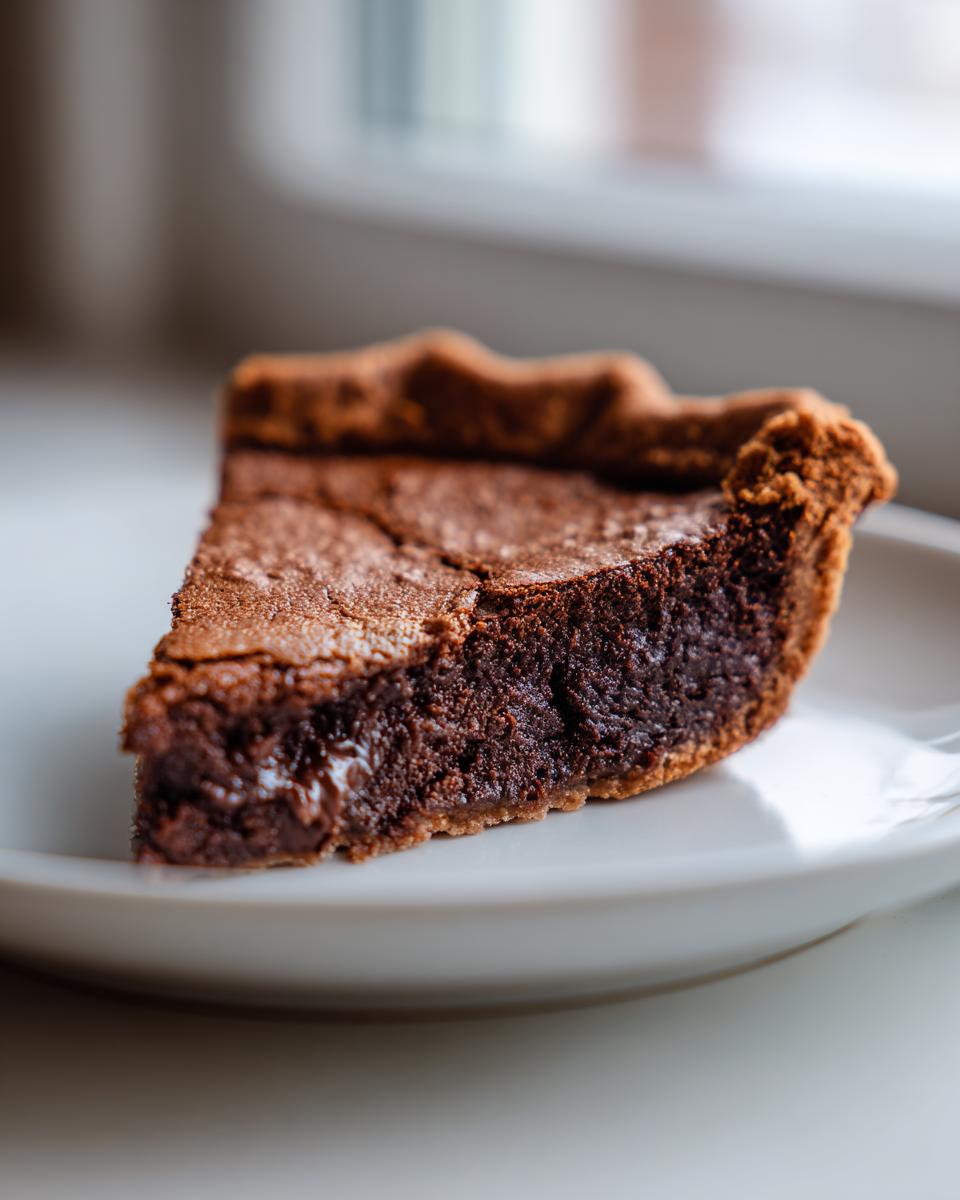 Close-up of a decadent slice of hot fudge pie showing a dense, fudgy interior and a flaky crust, served on a white plate.