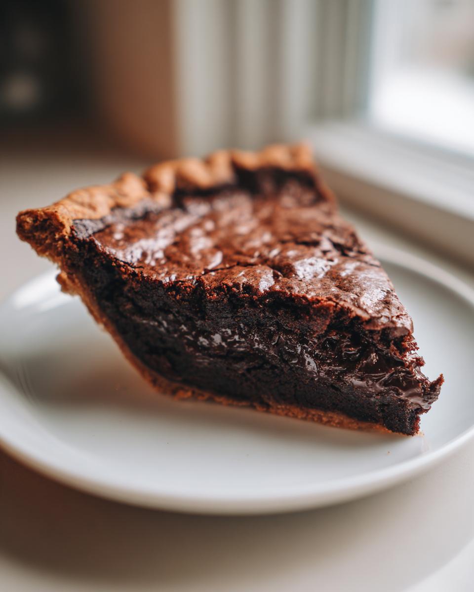 A close-up of a rich, gooey slice of hot fudge pie sitting on a white dessert plate.