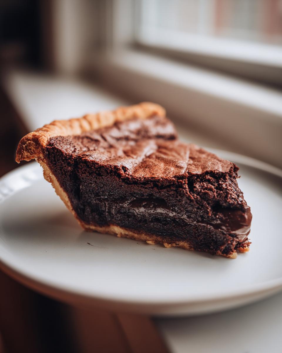 A close-up of a decadent slice of hot fudge pie showing its dense, gooey chocolate center and flaky crust.