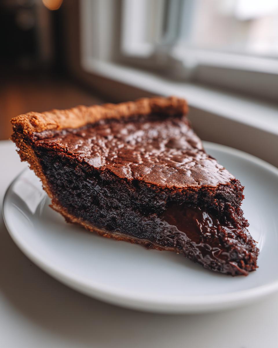 A close-up of a rich slice of hot fudge pie showing the dark, fudgy interior and molten chocolate center on a white plate.