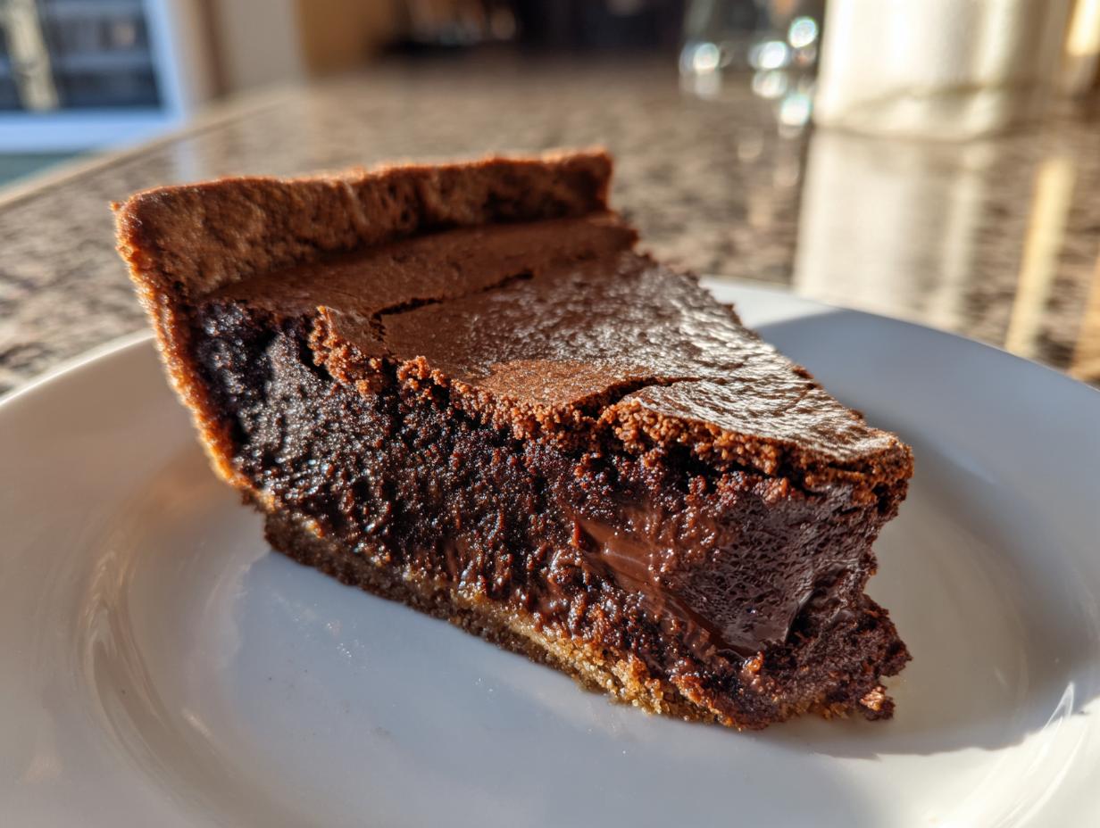 Close-up of a decadent slice of hot fudge pie showing a dark, gooey chocolate center on a white plate.