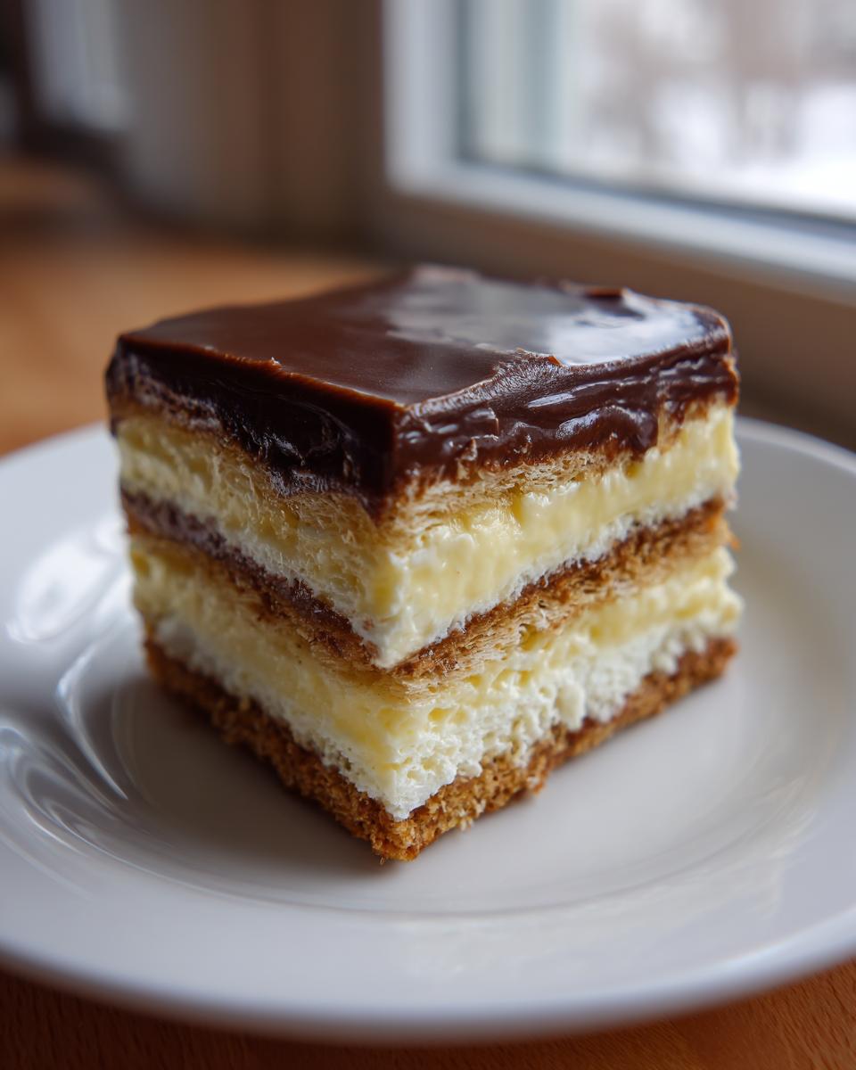 A square slice of layered eclair cake featuring graham cracker crust, creamy filling, and a rich chocolate topping.