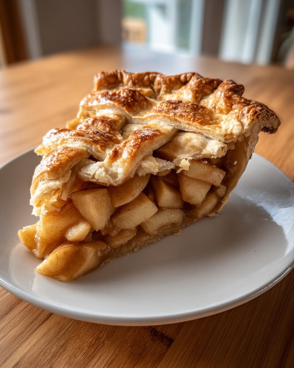A close-up of a thick slice of homemade apple pie showing chunky cinnamon apples and a golden lattice crust.