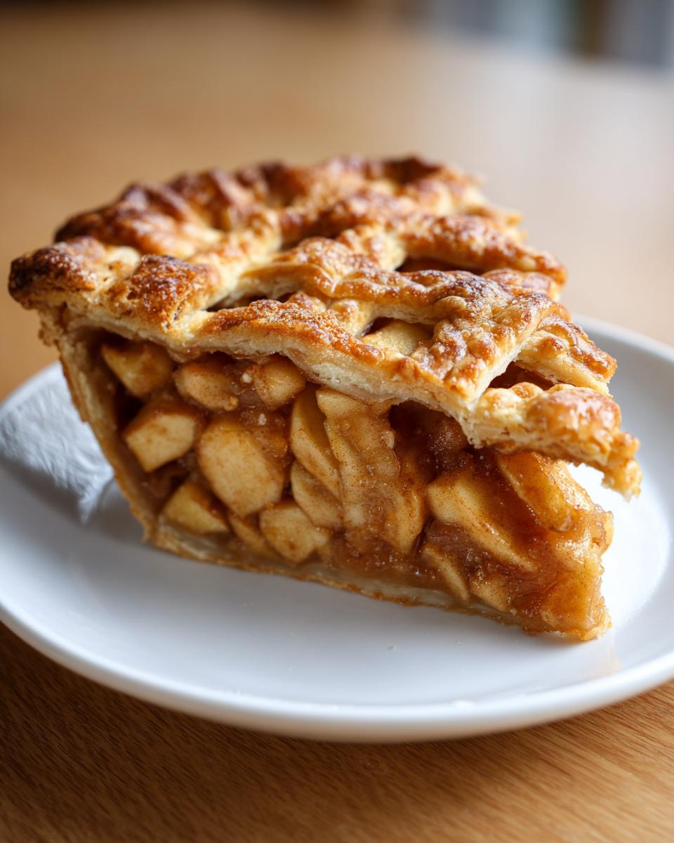 A thick slice of homemade apple pie showing a lattice crust and rich, spiced apple filling.