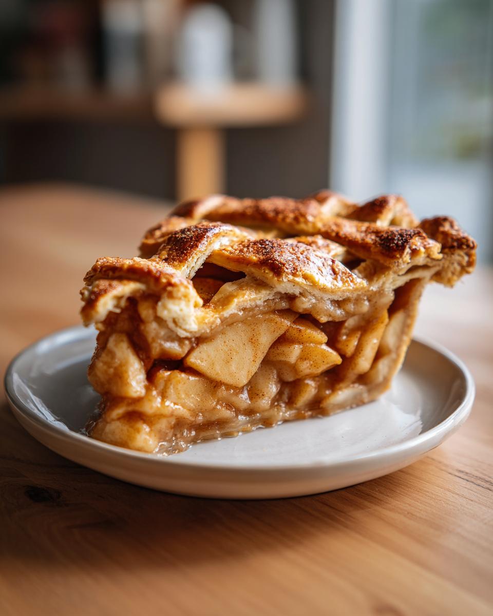 A close-up of a thick slice of homemade apple pie featuring a golden lattice crust and rich, spiced apple filling.