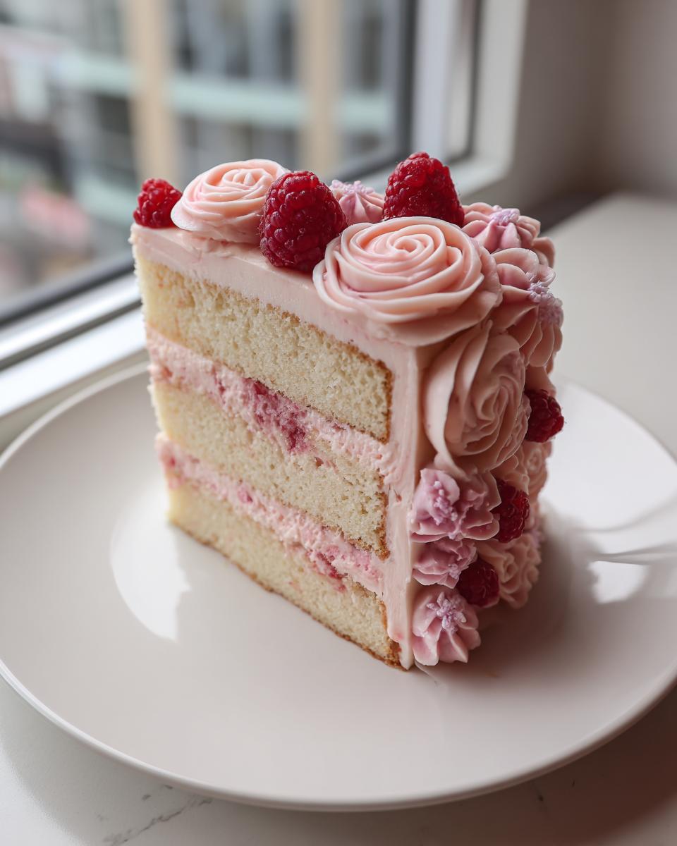 A beautiful slice of layered rose cake with pink frosting roses and fresh raspberries on top, served on a white plate.