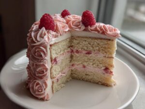 A slice of a layered vanilla rose cake featuring pink raspberry frosting rosettes and fresh raspberries on top.