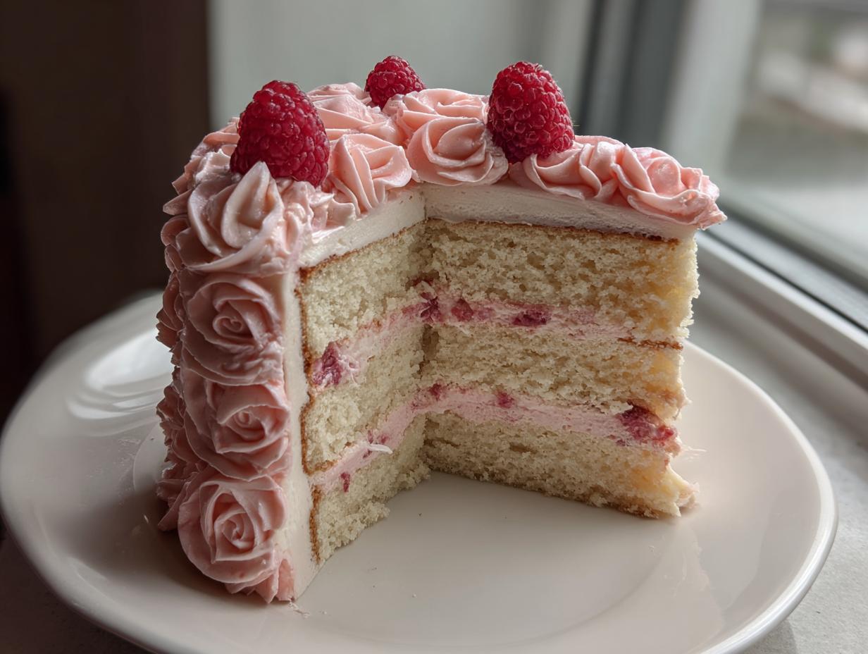 A slice of a layered vanilla rose cake featuring pink raspberry frosting rosettes and fresh raspberries on top.