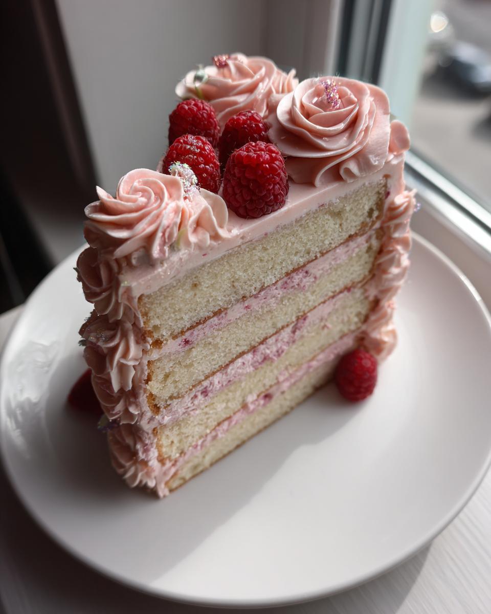 A beautiful slice of layered rose cake with pink frosting roses and fresh raspberries on a white plate.