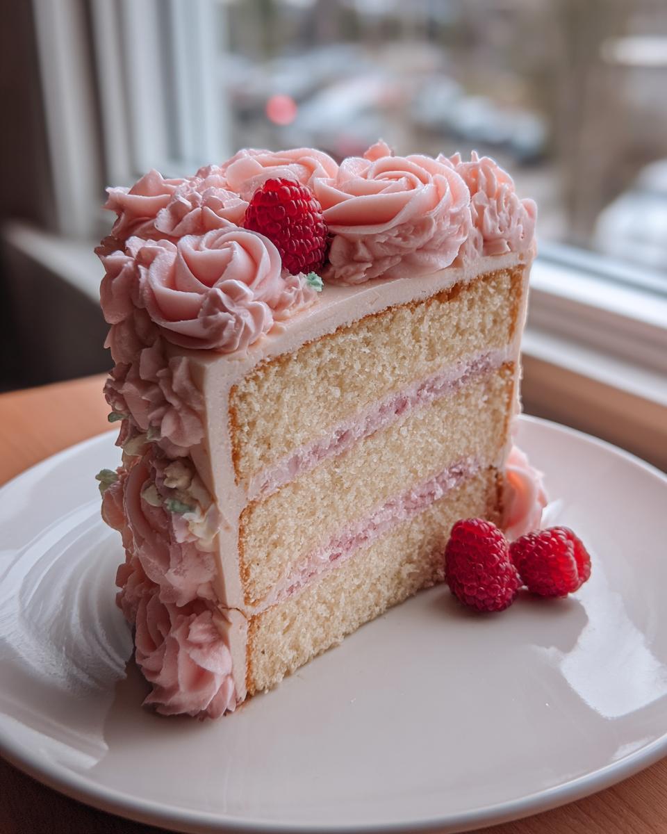 A beautiful slice of layered vanilla rose cake decorated with pink buttercream roses and fresh raspberries.