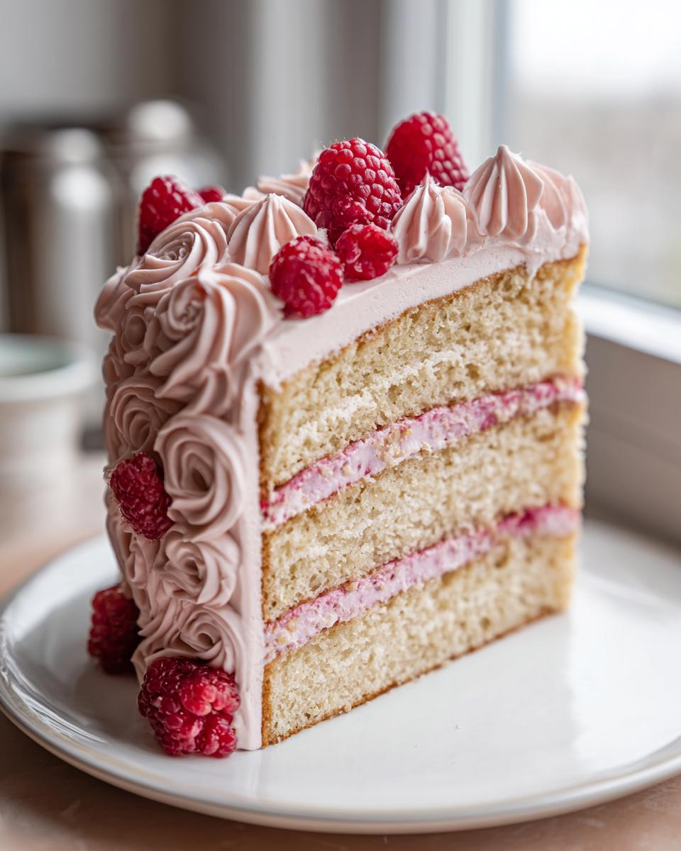 A tall slice of vanilla layer cake with pink frosting rosettes and fresh raspberries, showcasing the layers of the rose cake.