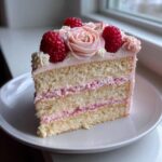 A beautiful slice of layered rose cake featuring vanilla sponge, pink raspberry filling, and topped with a buttercream rose and fresh raspberries.