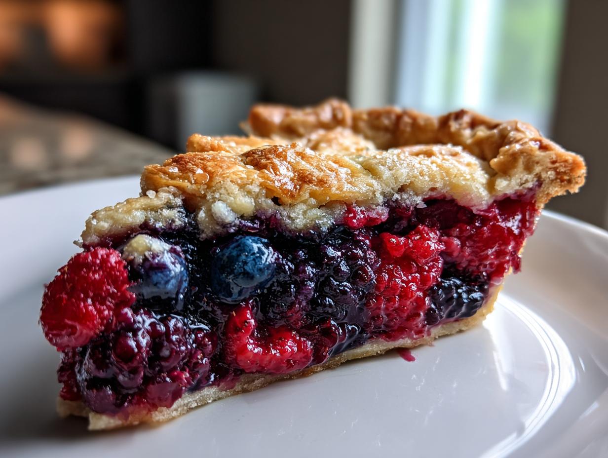 Close-up of a juicy slice of triple berry pie showing raspberries, blueberries, and blackberries filling.