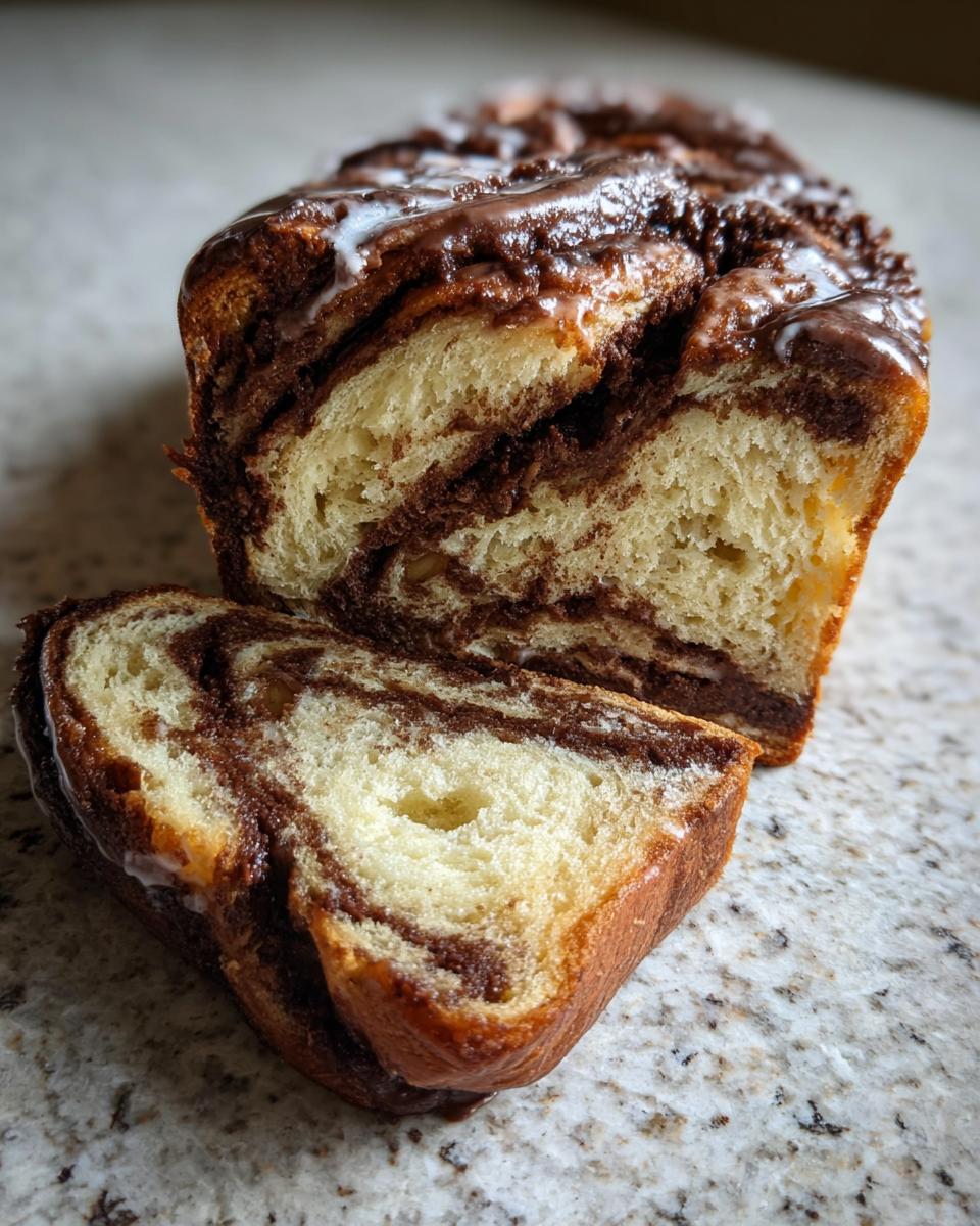 A close-up view of a sliced chocolate babka loaf showing rich chocolate swirls and a light glaze.