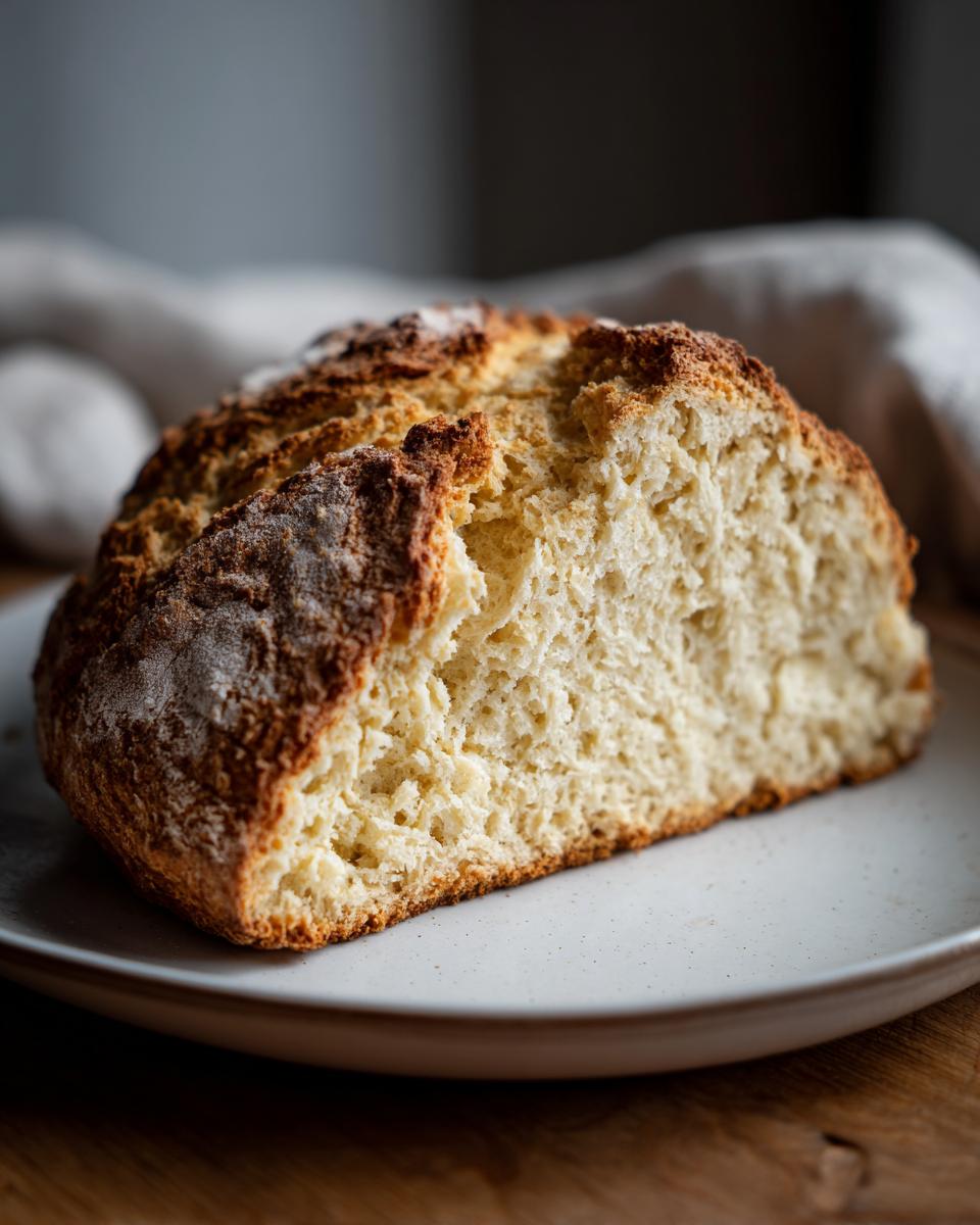 Close-up of a freshly baked loaf of soda bread, cut to show the soft, crumbly interior and golden-brown crust.