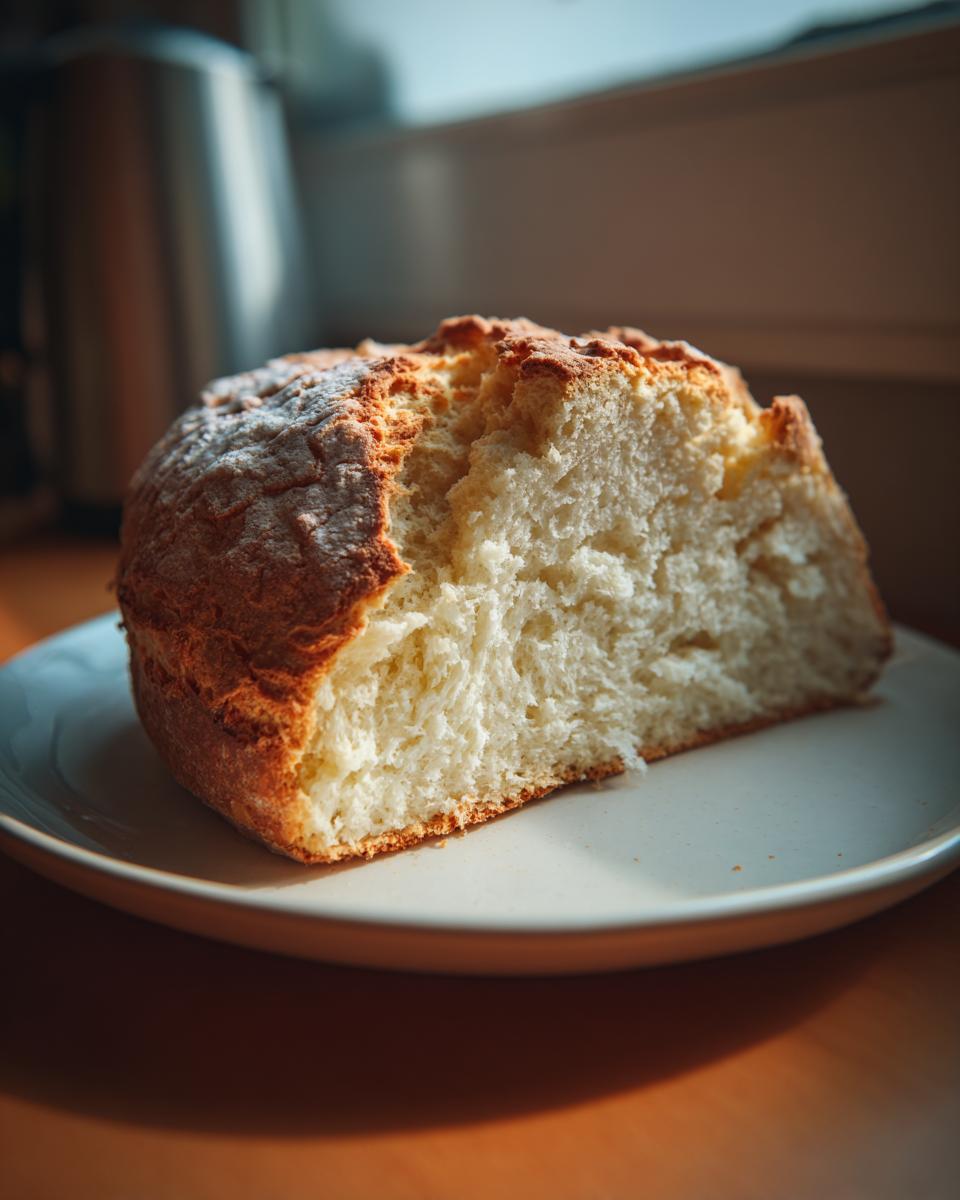 A close-up of a freshly baked soda bread loaf, cut open to show the soft interior and golden crust, resting on a white plate.
