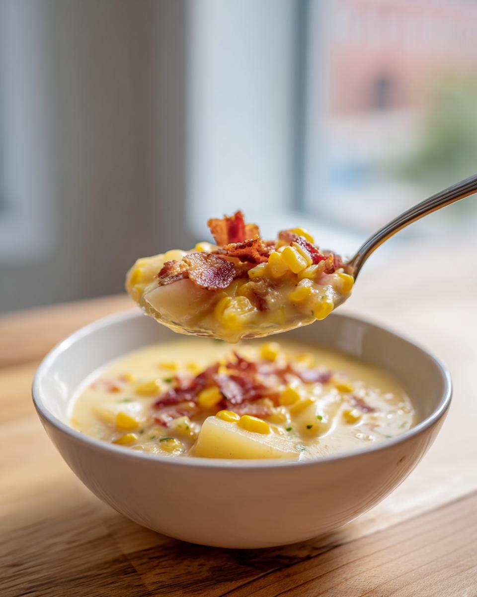 A spoonful of creamy corn chowder recipe topped with crispy bacon is lifted from a white bowl.