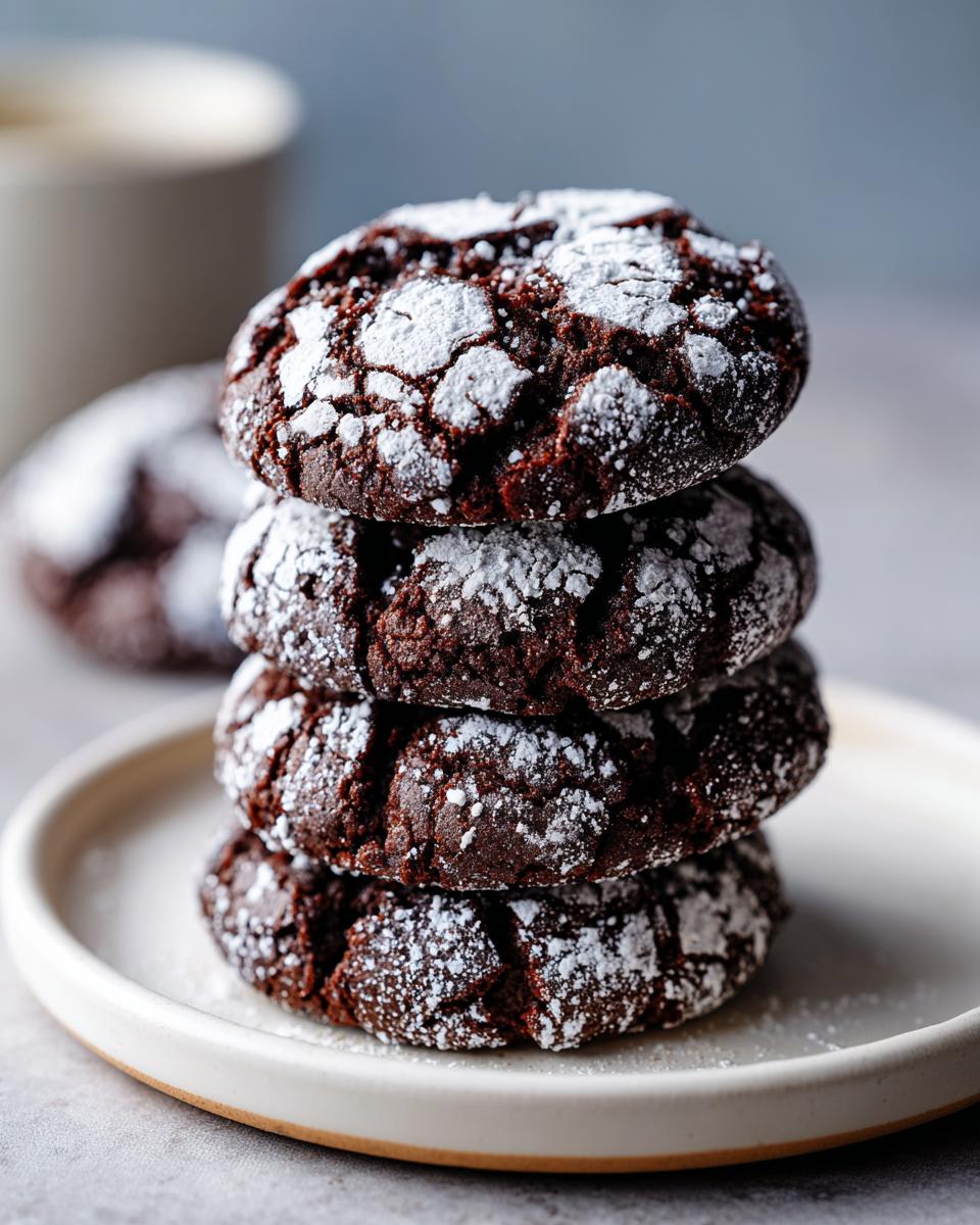 A close-up stack of four fudgy chocolate crinkle cookies dusted heavily with powdered sugar.