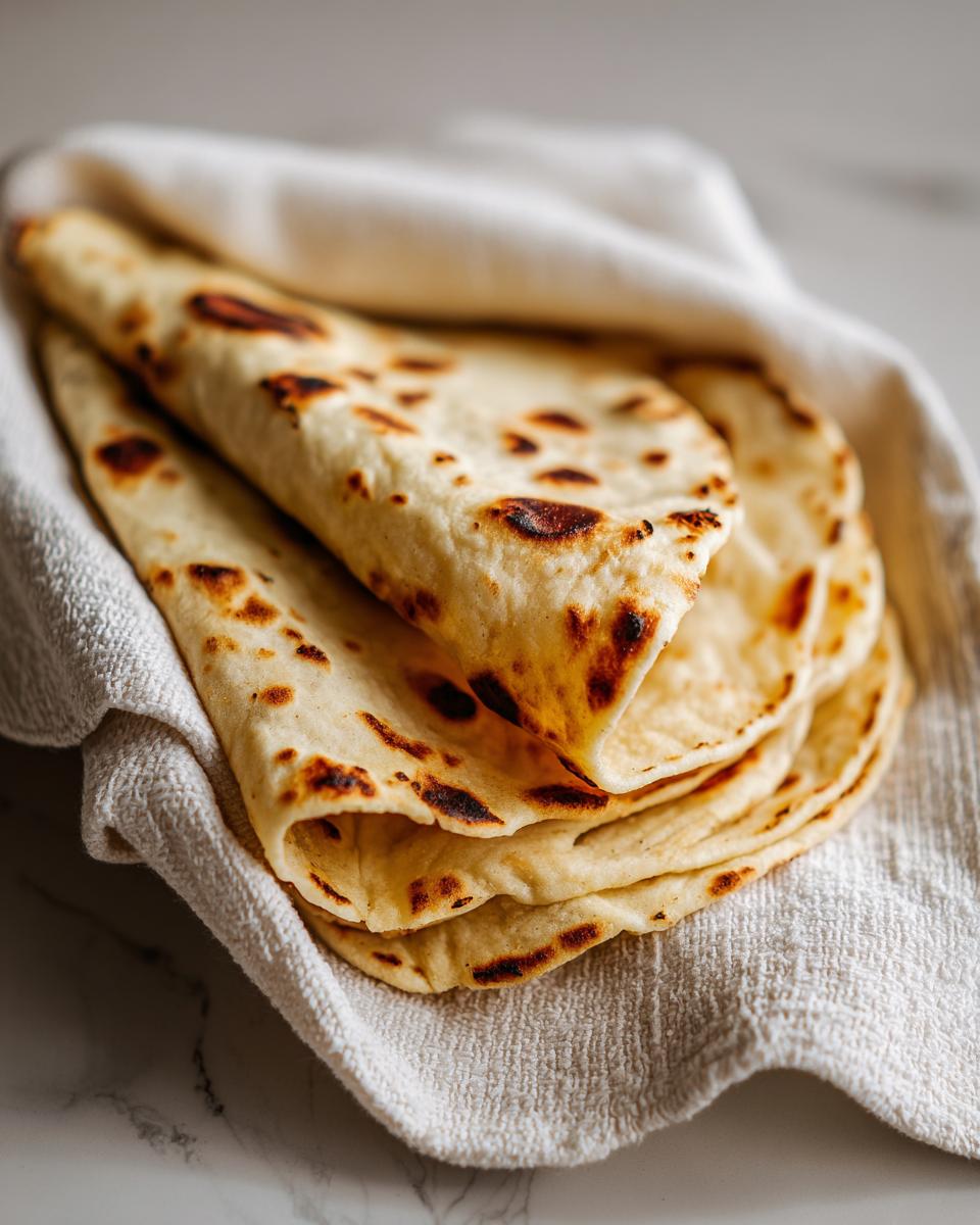 A stack of freshly cooked, slightly charred corn tortillas wrapped in a white kitchen towel.