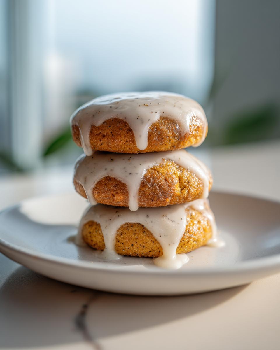 Three stacked, round earl grey cookies topped with a thick, white glaze featuring visible tea specks.
