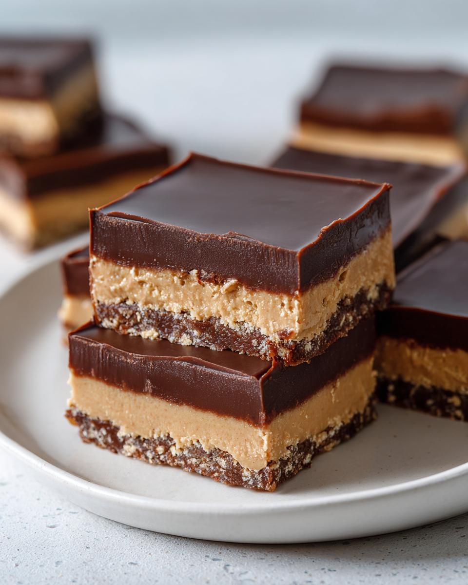 Two stacked peanut butter bars showing three distinct layers: a crumbly base, thick peanut butter filling, and smooth chocolate ganache topping.
