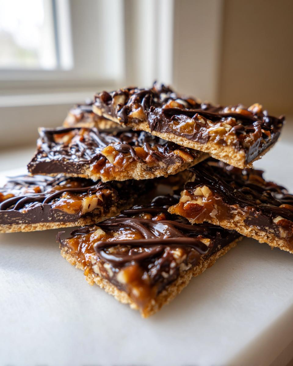 Close-up of stacked squares of Pecan Pie Bark showing a graham cracker crust, gooey pecan filling, and dark chocolate drizzle.